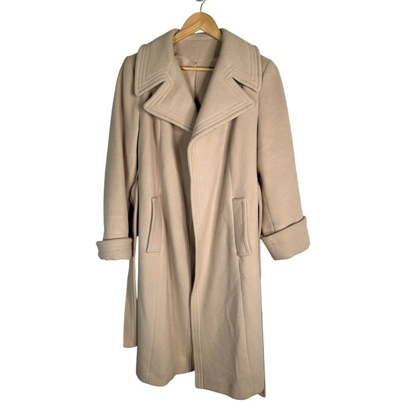 Vintage Neiman Marcus 1970s CASHMERE Wrap Trench Coat 4 Oversize Wide Lapel Tan - Picture 1 of 7